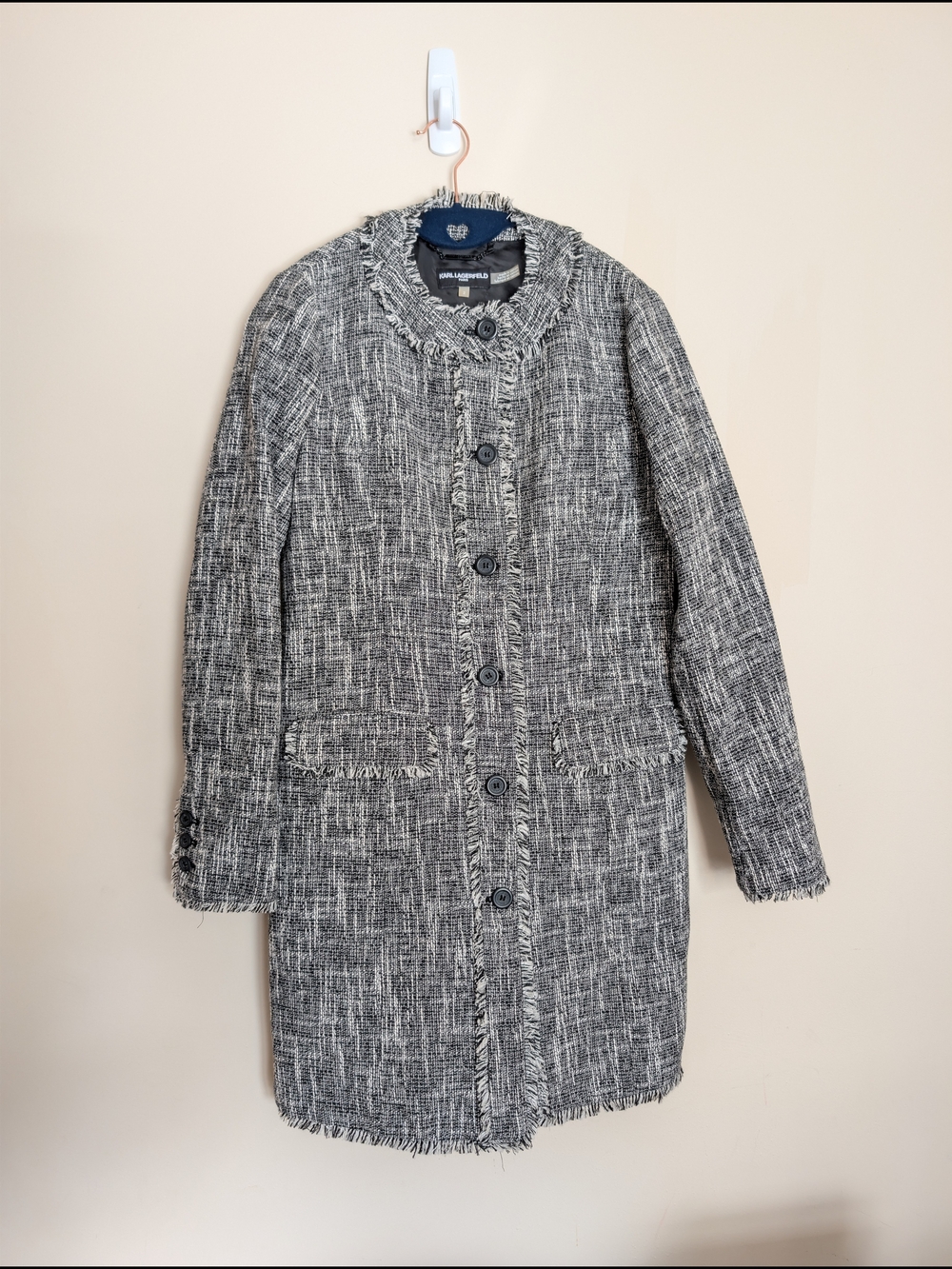 ​Karl Lagerfeld Paris Tweed Fringed Longline Jacket Coat Black White Sz 2